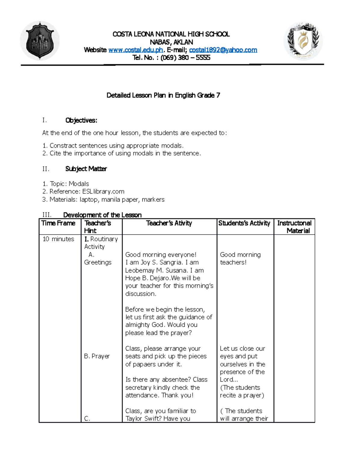 Modals Lesson Plan For Grade 10 - Printable Templates Free