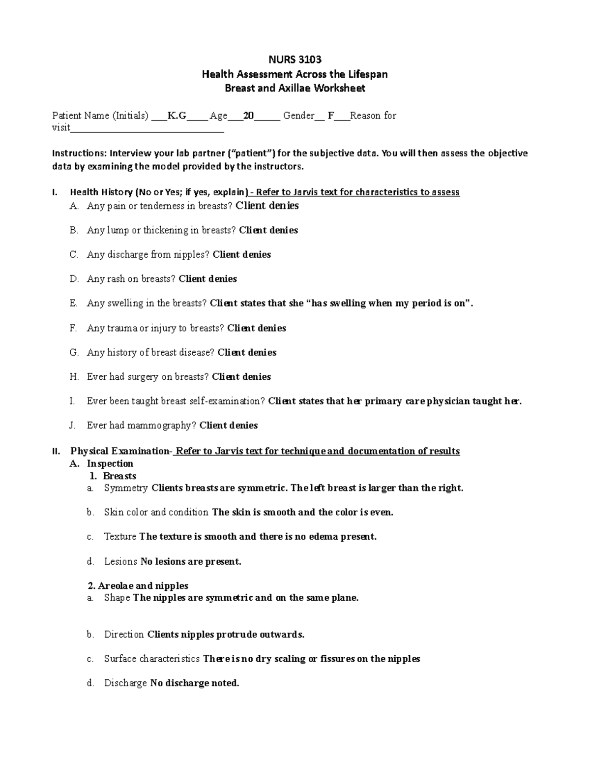 Breast and Axillae Worksheet Spr 2019 - NURS 3103 - Studocu