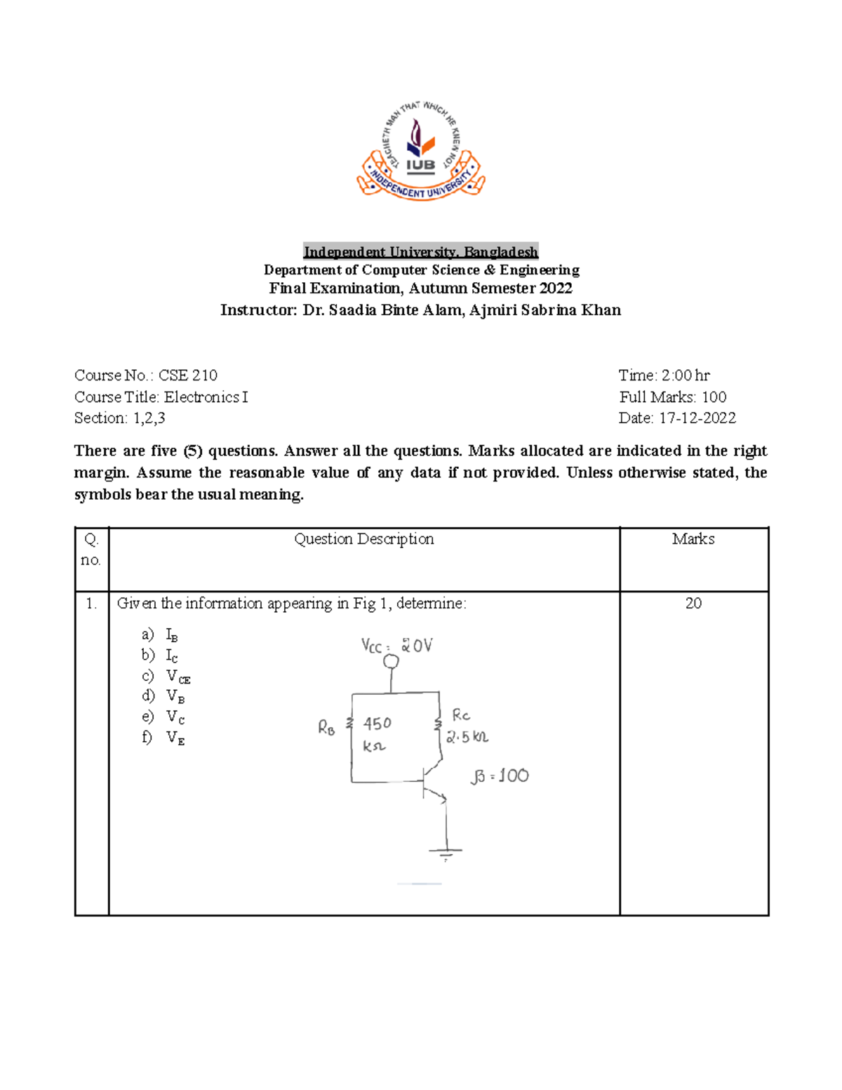 CSE 210 Autumn Question Paper - Independent University, Bangladesh ...
