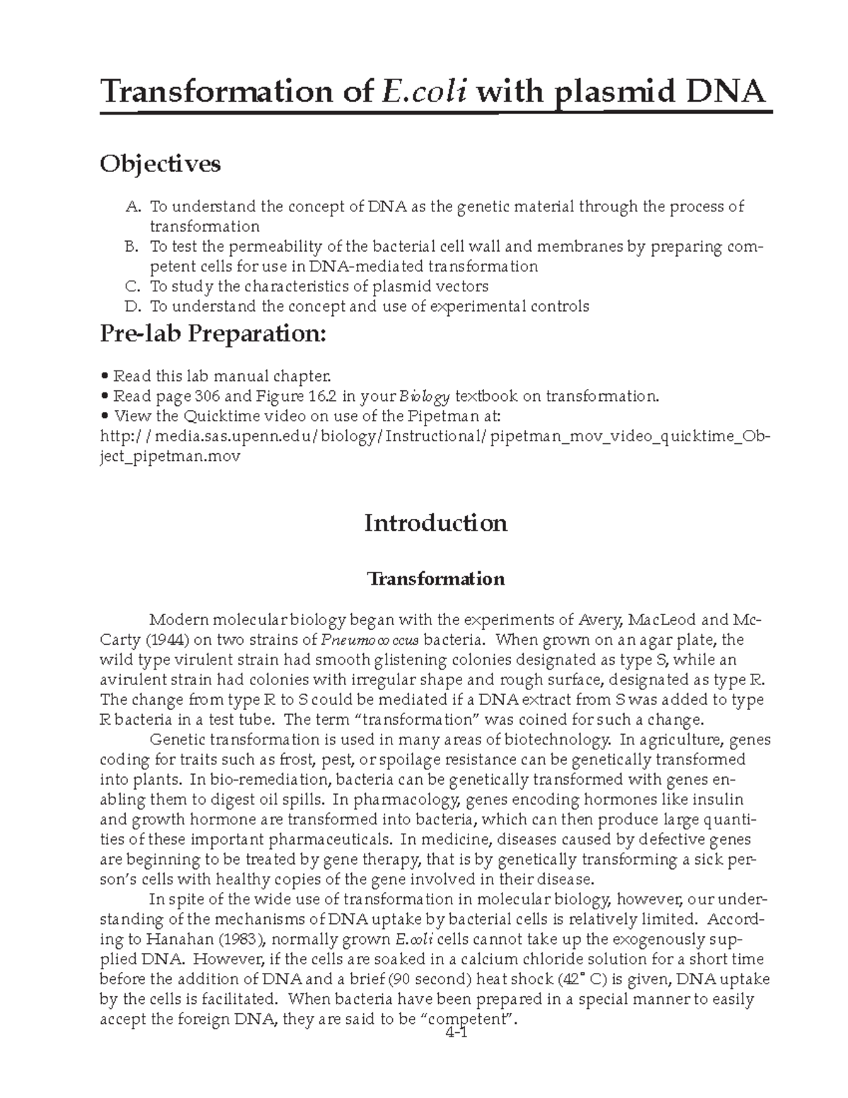 Ch. 4-101-F13 - Transformation of E with plasmid DNA Objectives A. To ...