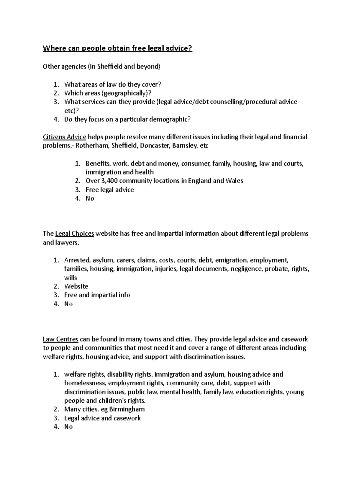 Where can people obtain free legal advice Rotherham, Sheffield, Doncaster, Barnsley, etc