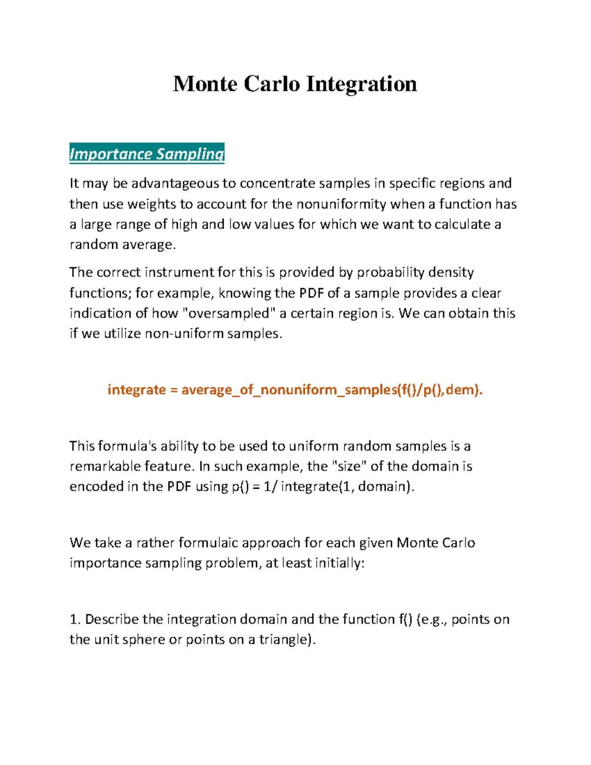 Monte Carlo Integration Importance Sampling Monte Carlo Integration