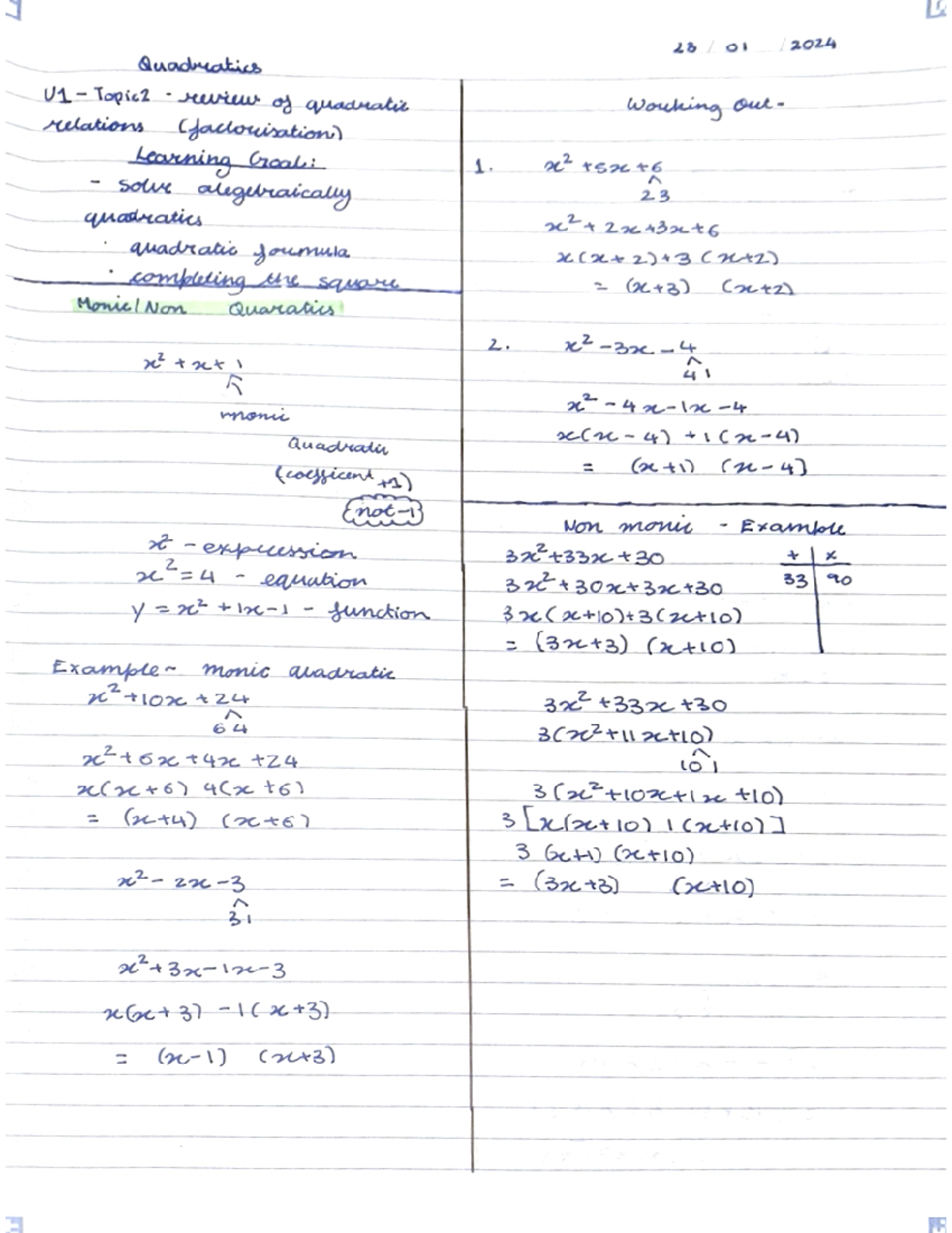 Methods Notes - Unit 1 Topic 1 - Quadratics U1 Topic2 review of ...