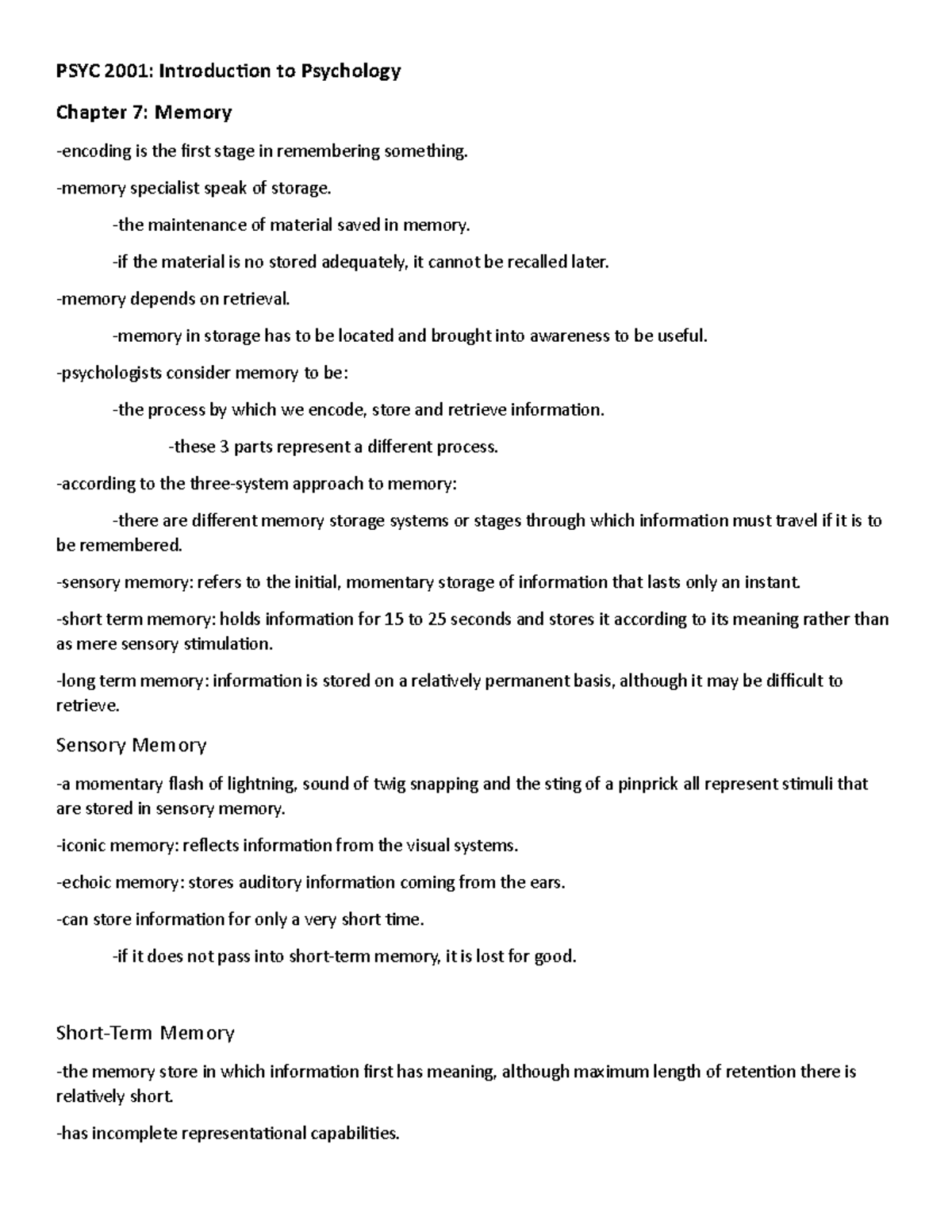 Chapter 7 Notes - Intro To Psychology - PSYC 2001: Introduction To ...