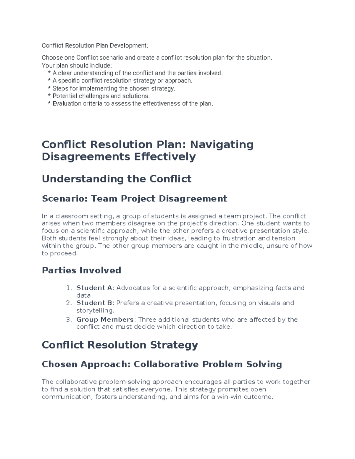 Conflict Resolution Plan Development - Conflict Resolution Plan ...