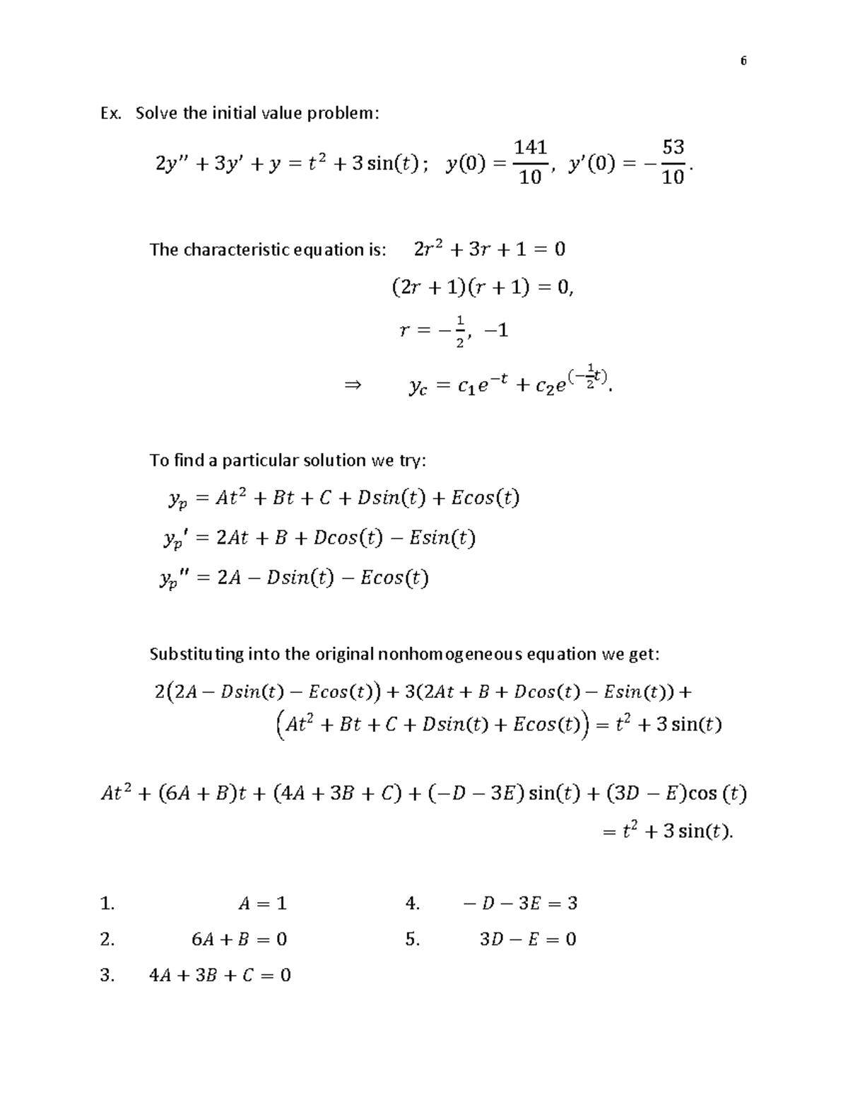 Equations II - Ex. Solve the initial value problem: 2𝑦′′ + 3𝑦′ + 𝑦 = 𝑡 ...