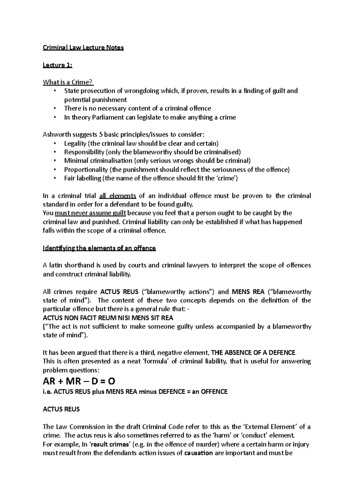 Criminal Law Lecture Notes - Criminal Law Lecture Notes Lecture 1: What ...