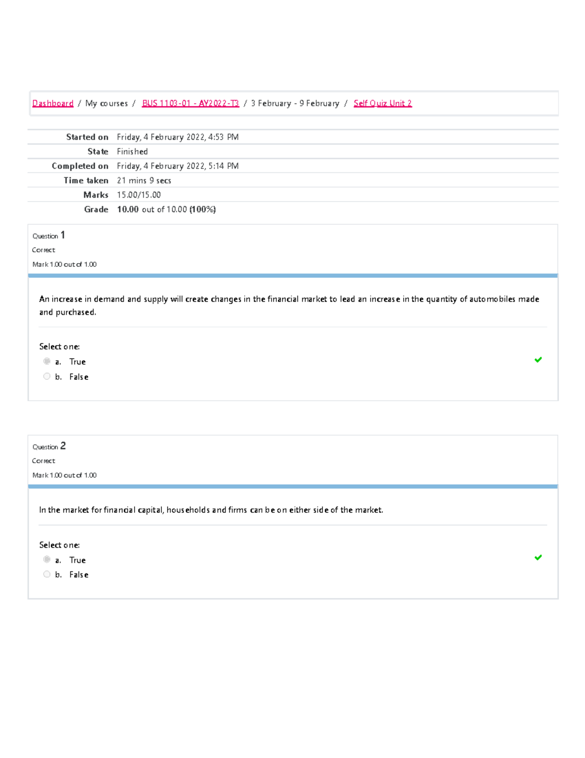 BUS 1103 Microeconomics Unit 2 Self Quiz - Started On Friday, 4 ...