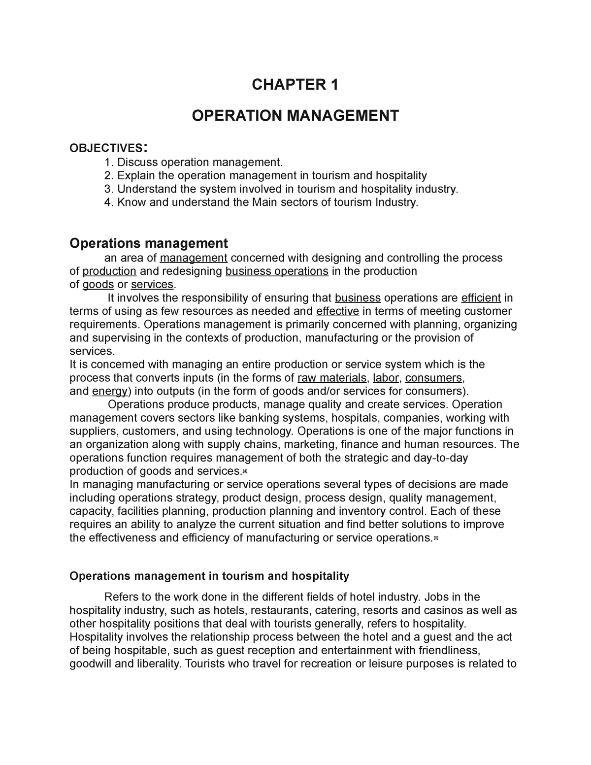 OPERATION MANAGEMENT IN HOSPITALITY INDUSTRY CHAPTER 1 OPERATION 