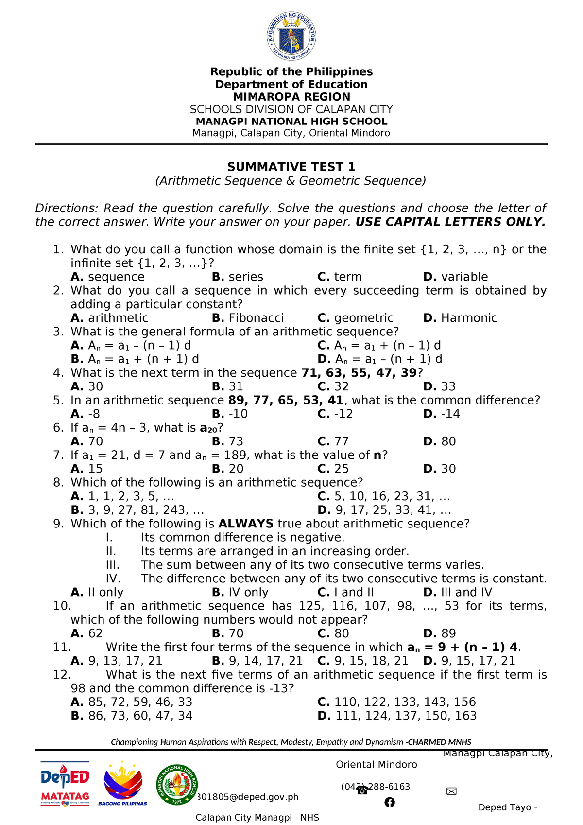 Summative Test 1 (Sequences) - Managpi Calapan City, Oriental Mindoro ...