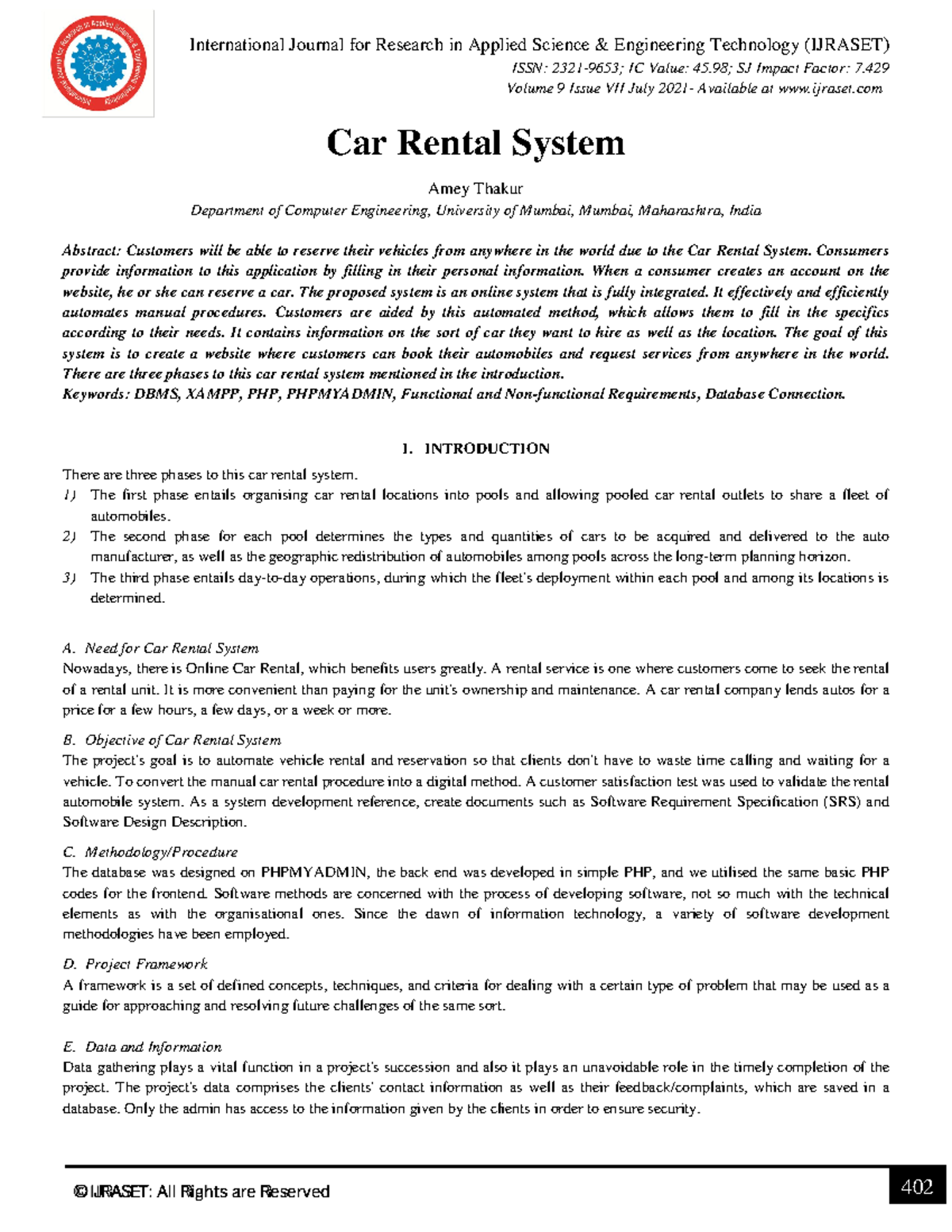 Car Rental System - project - ISSN: 2321-9653; IC Value: 45; SJ Impact ...