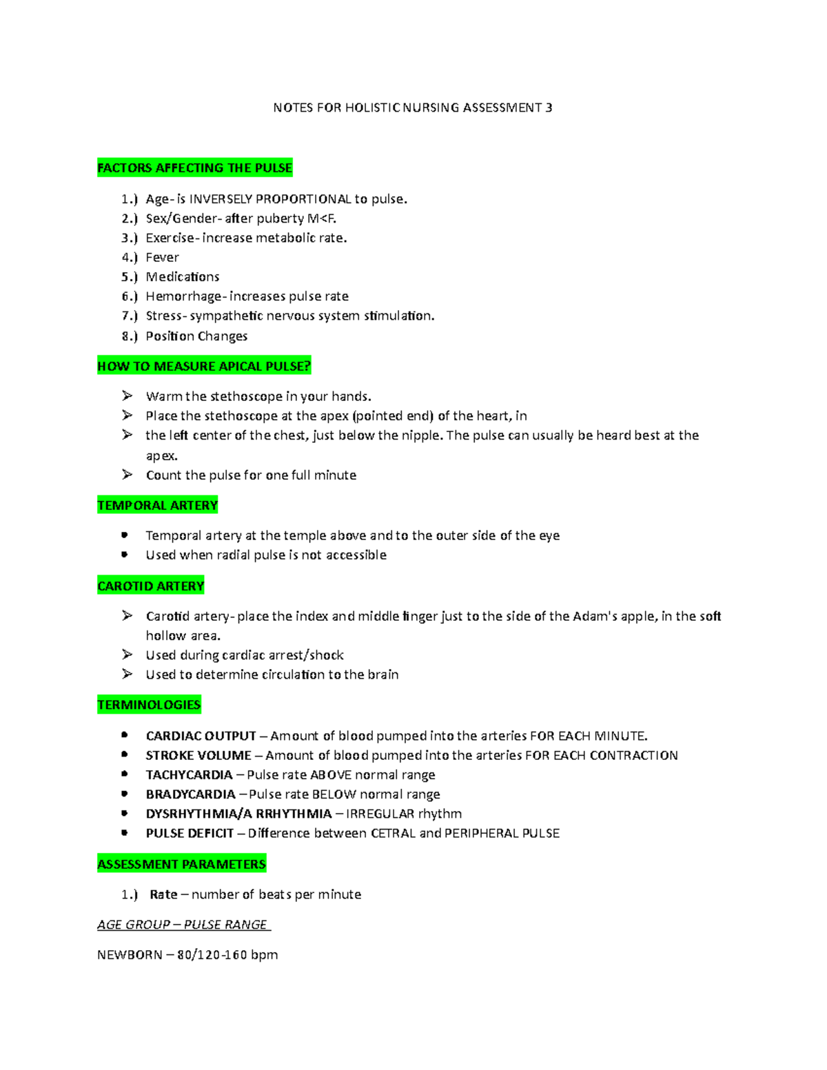 Notes FOR Holistic Nursing Assessment 3 - NOTES FOR HOLISTIC NURSING ...