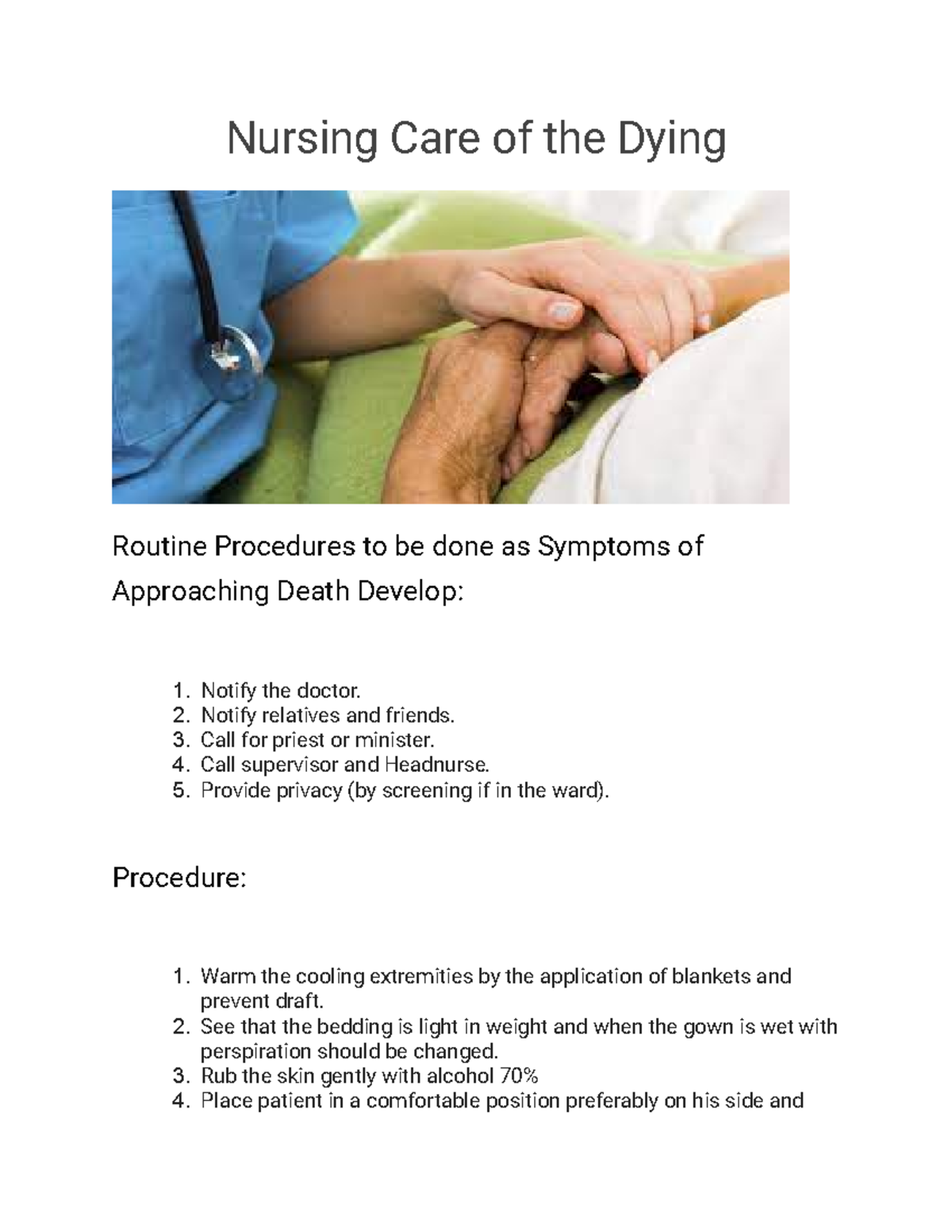 Nursing Care Of The Dying Nursing Care Of The Dying Routine 