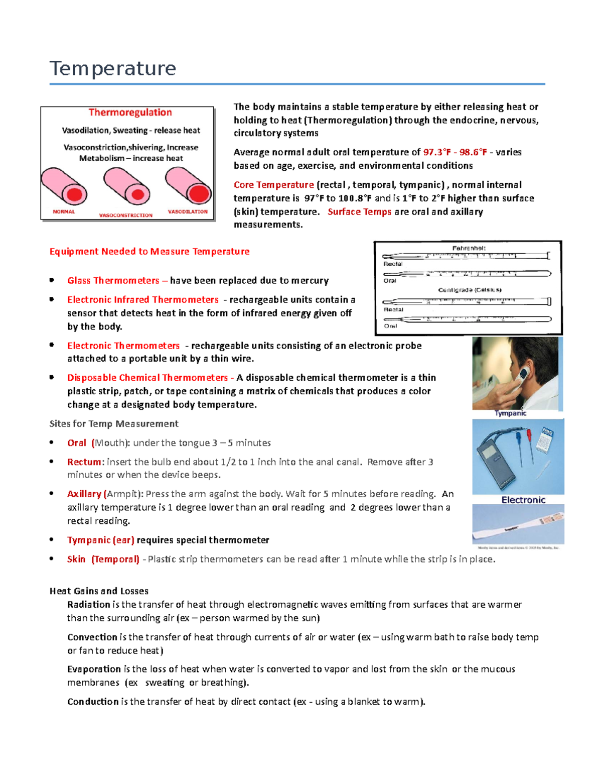 15.5 Temperature - study notes - Temperature The body maintains a ...