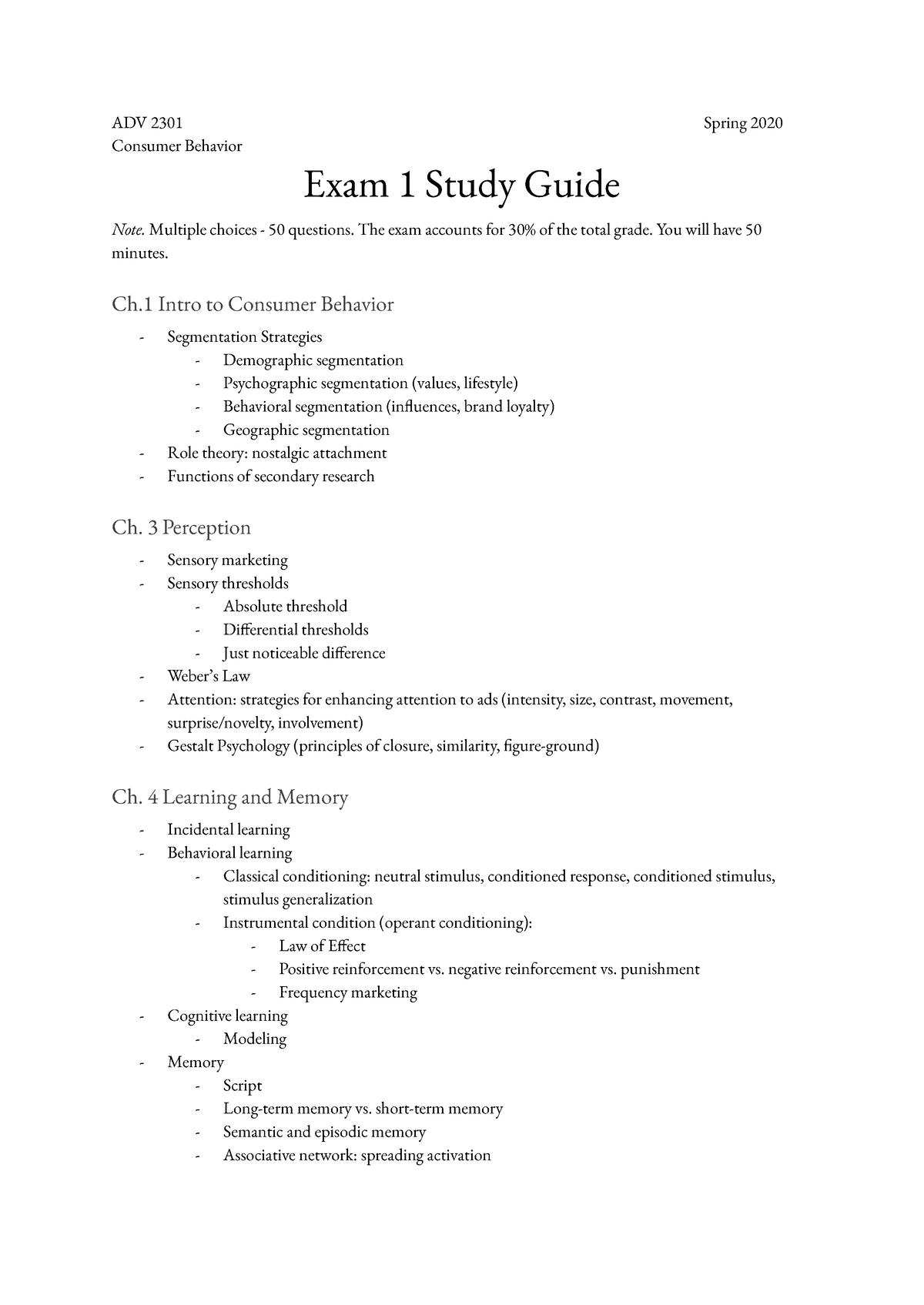 EXAM 1 Study Guide - ADV 2301 Spring 2020 Consumer Behavior Prof. Quan ...