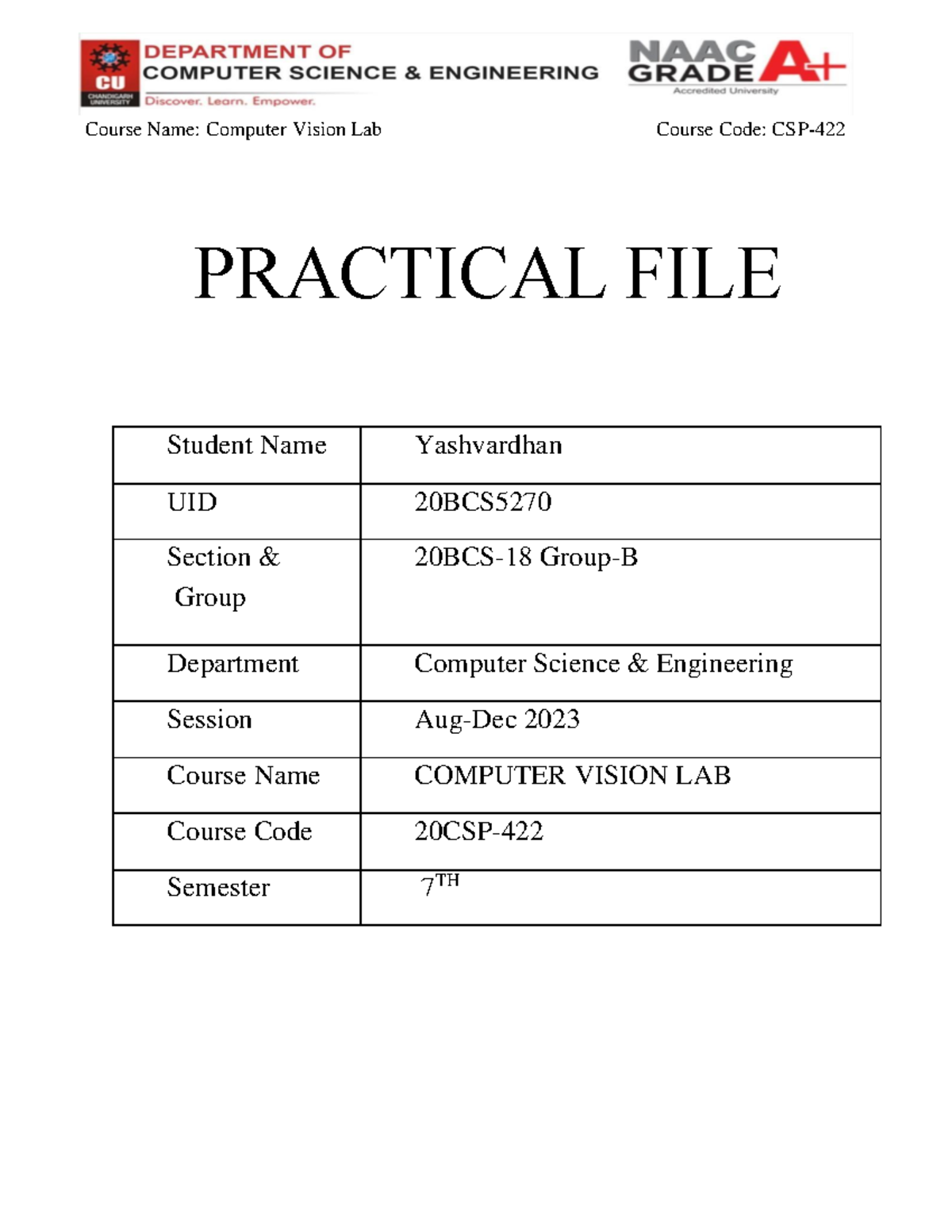 Comp Vis Ws 1 - PRACTICAL FILE Student Name Yashvardhan UID 20BCS 5270 ...