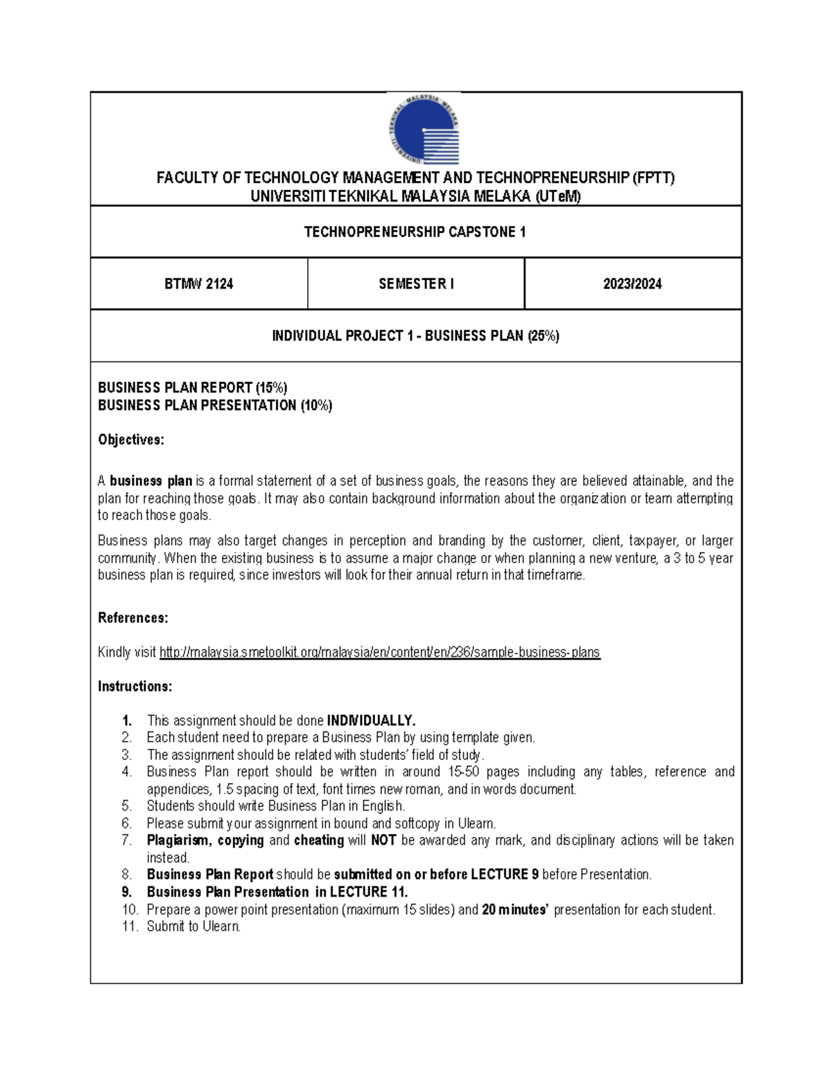 Business Plan Instructions - FACULTY OF TECHNOLOGY MANAGEMENT AND ...