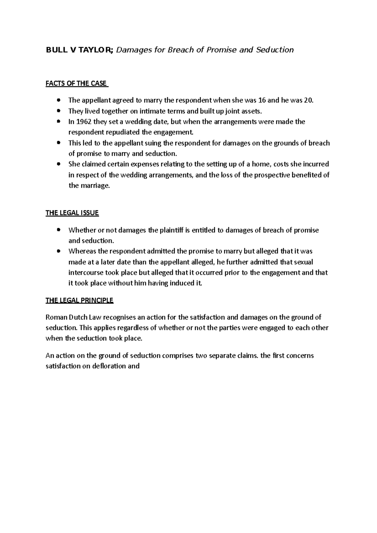 BULL V Taylor Case study BULL V TAYLOR; Damages for Breach of