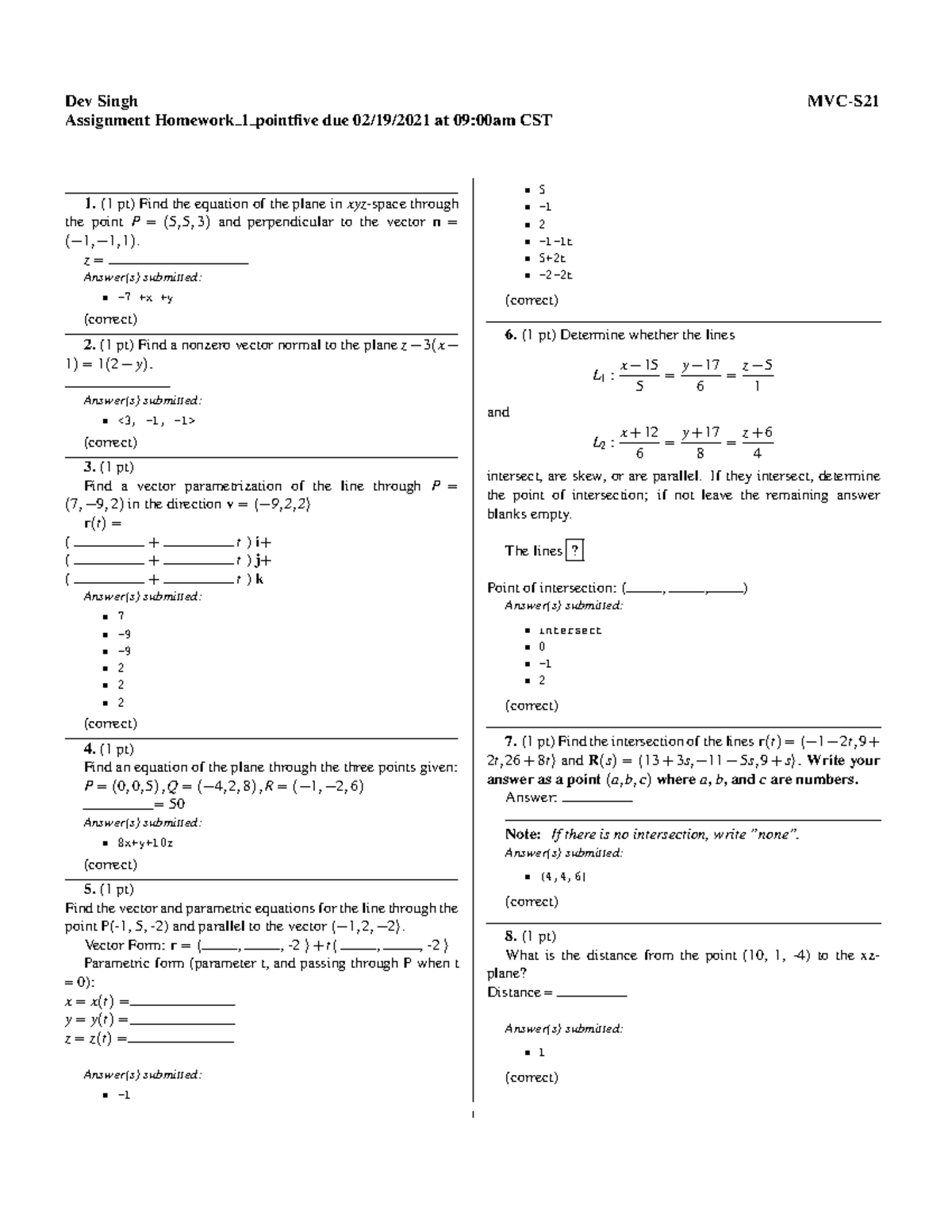 Calc III vectors problems - Dev Singh MVC-S Assignment Homework 1 ...