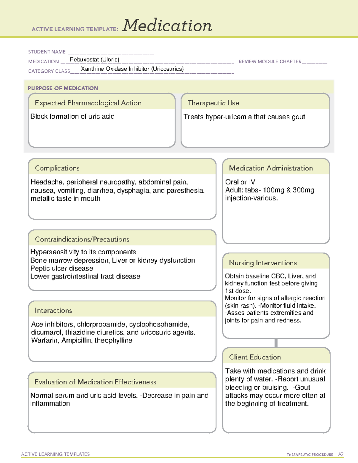 ATI Febuxostat (Uloric) Medication Sheet - ACTIVE LEARNING TEMPLATES ...