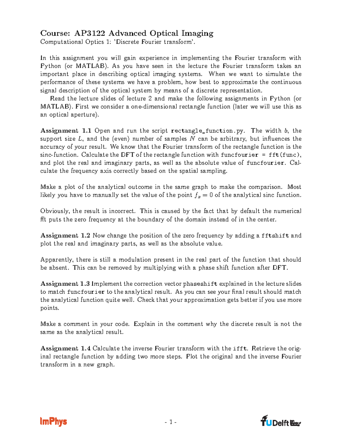 Assignment Course AP3122 Advanced Optical Imaging