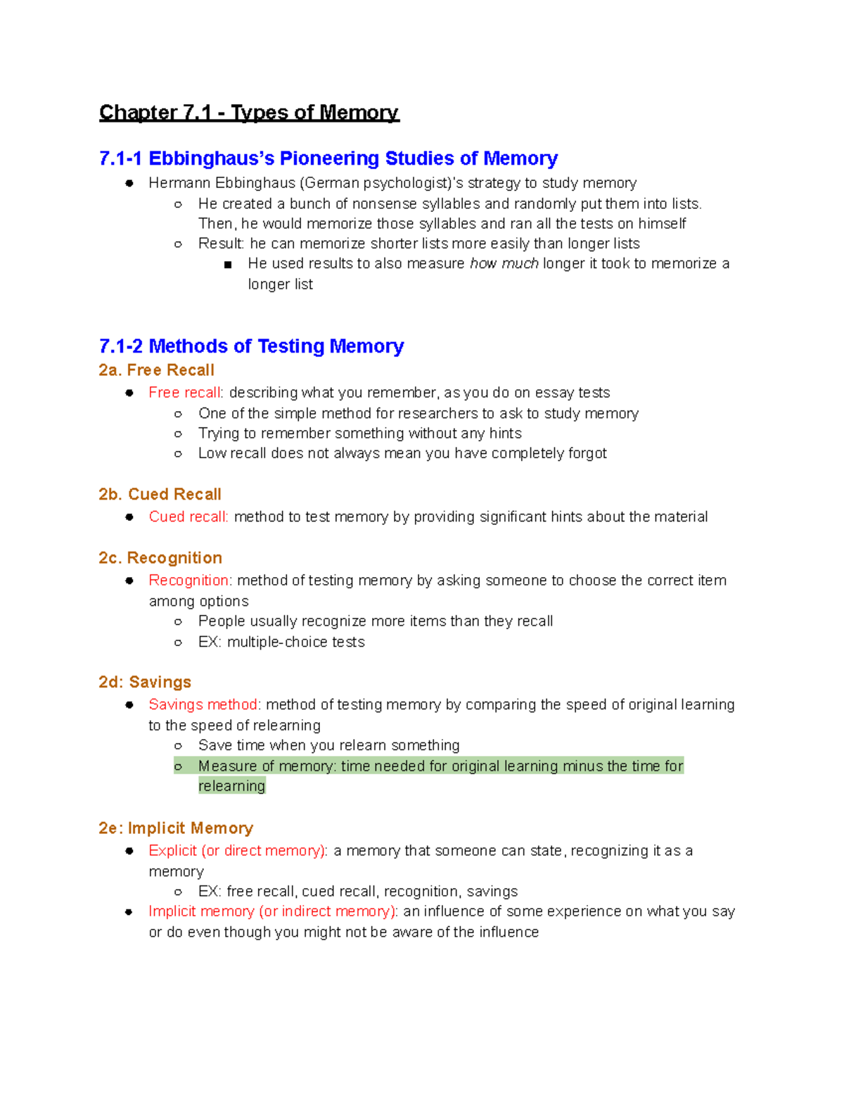 Psychology Module 7.1 Notes - Chapter 7 - Types of Memory 7-1 ...