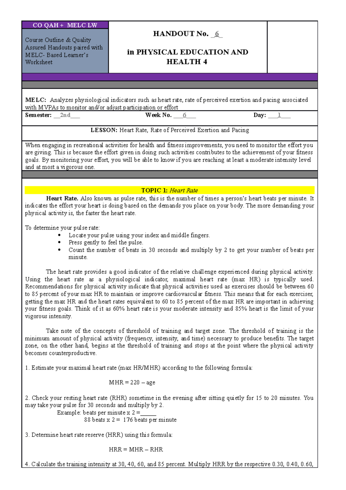 Handout 6 - 12 - P.e 12 - CO QAH + MELC LW HANDOUT No. 6 In PHYSICAL ...