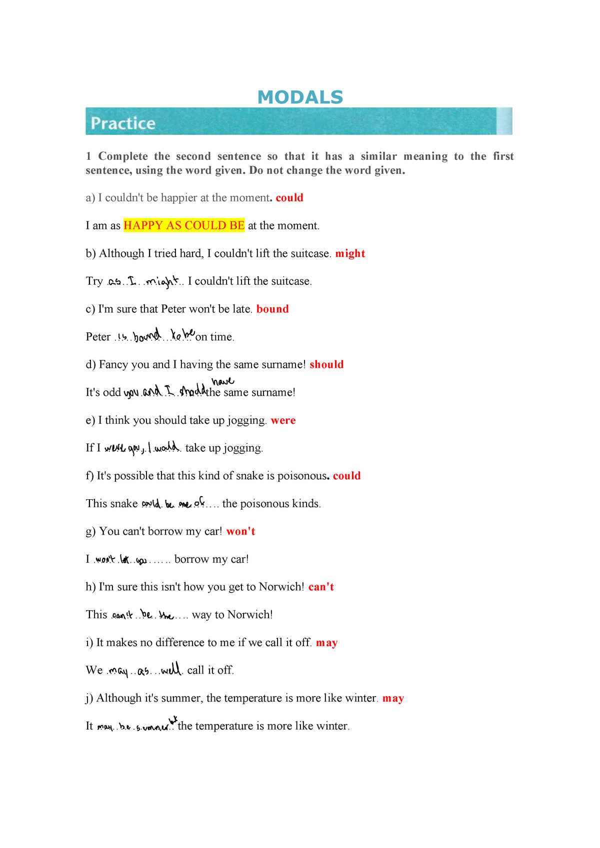 Grammar Corner 3. Modals Page 1 - MODALS 1 Complete The Second Sentence ...