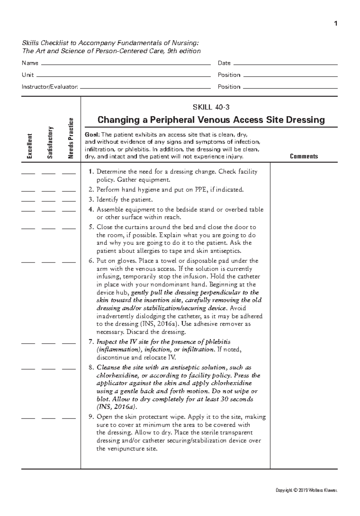 403 Changing a Peripheral Venous Access Site Dressing 1 Skills