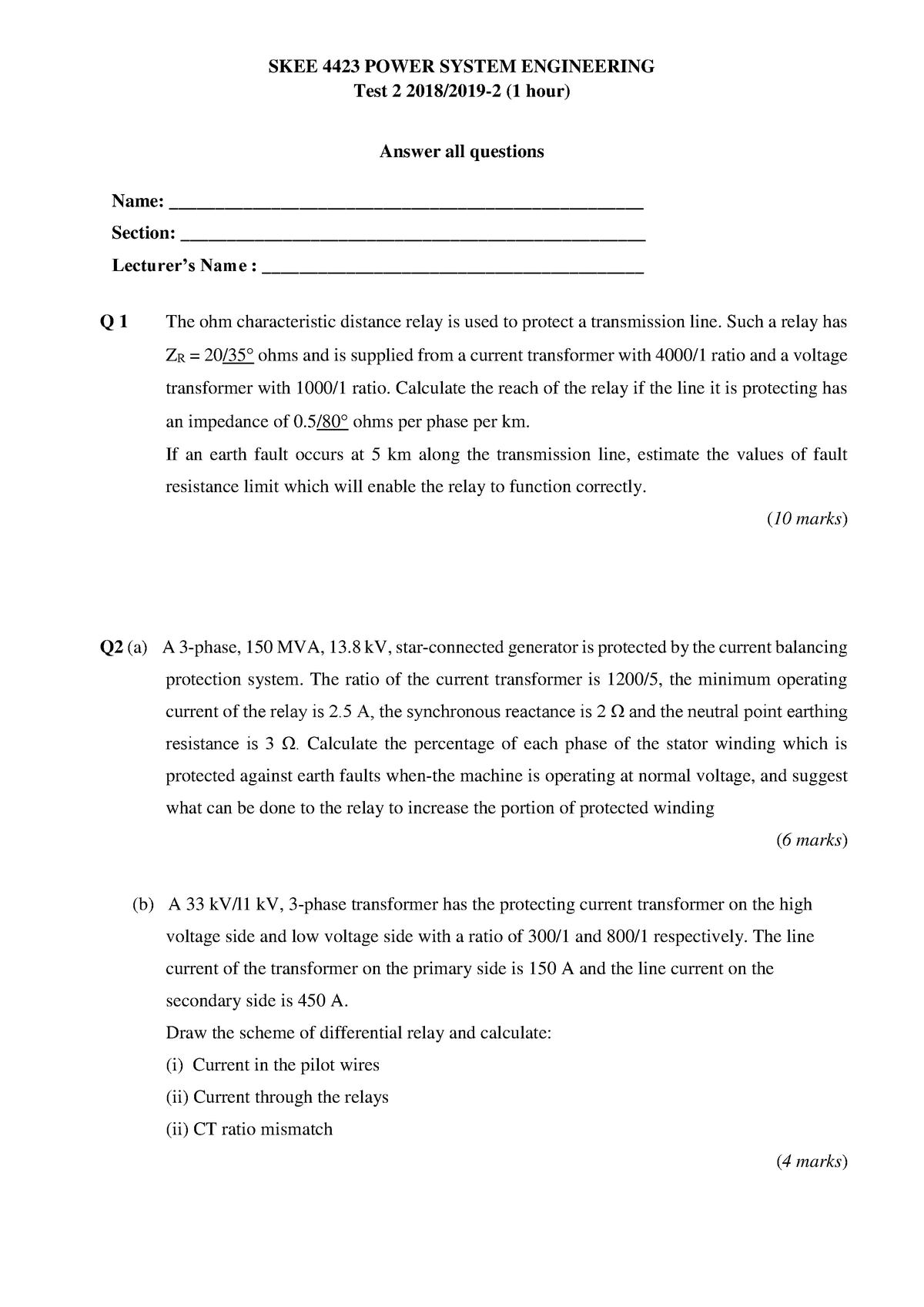 Test 2 10 August 2019, questions and answers - SKEE 4423 POWER SYSTEM ...