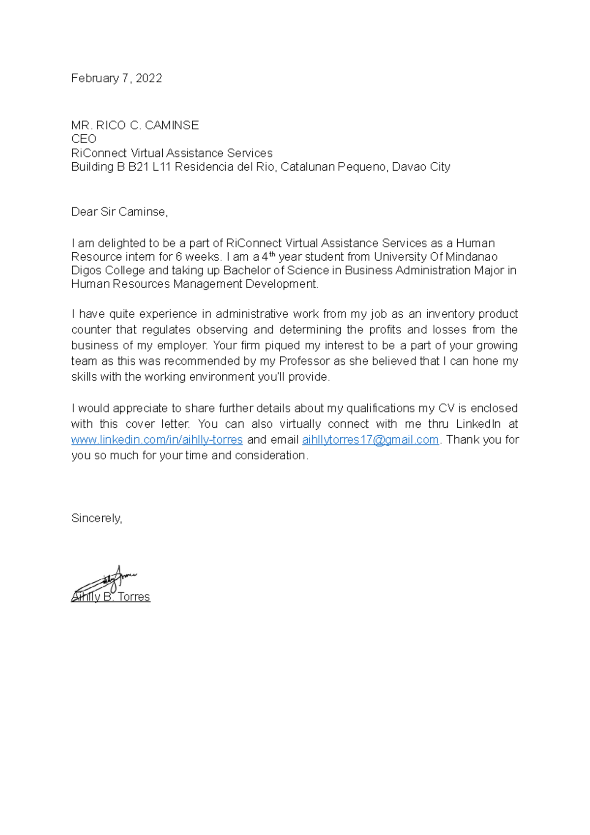 Torres Application Letter - February 7, 2022 MR. RICO C. CAMINSE CEO ...