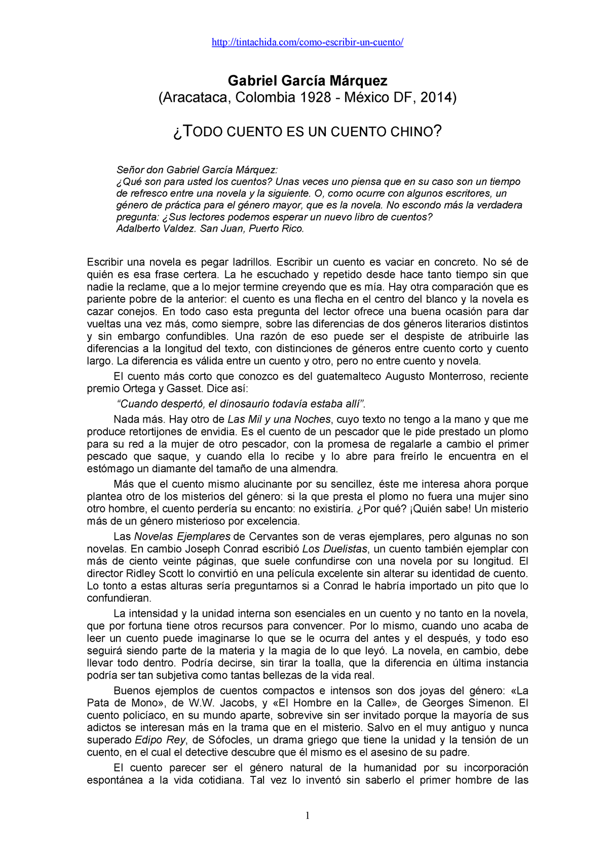 Sobre el Cuento-Garcia Marquez, Quiroga y otros -  tintachida/como-escribir-un-cuento/ Gabriel García - Studocu