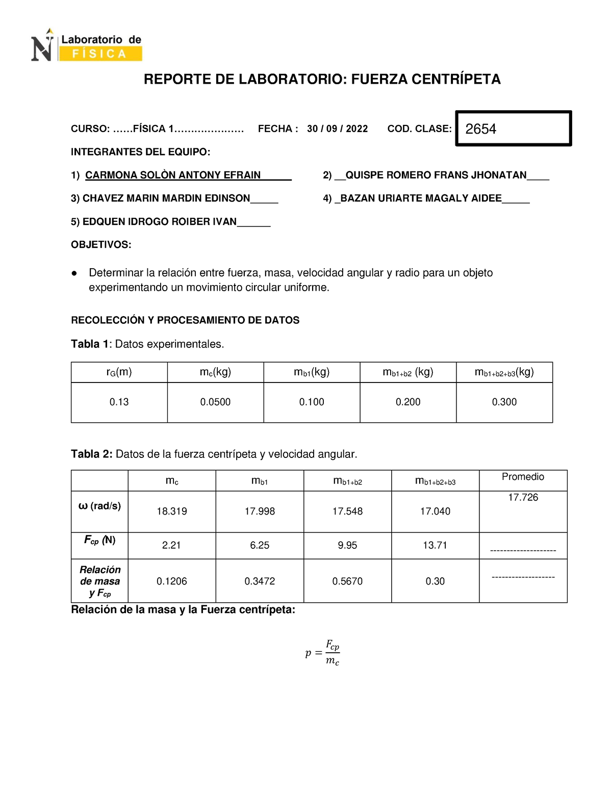 Reporte Lab Fisi1 S07 Fc Desarrollado Reporte De Laboratorio Fuerza