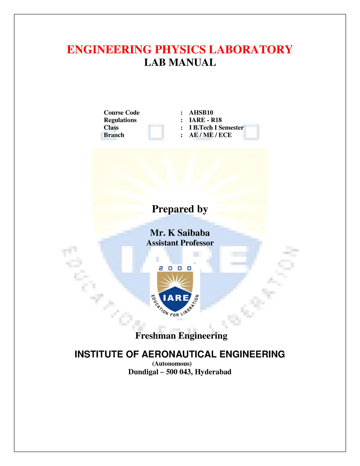 AERO Engineering Physics Laboratory LAB Manual - ENGINEERING PHYSICS ...