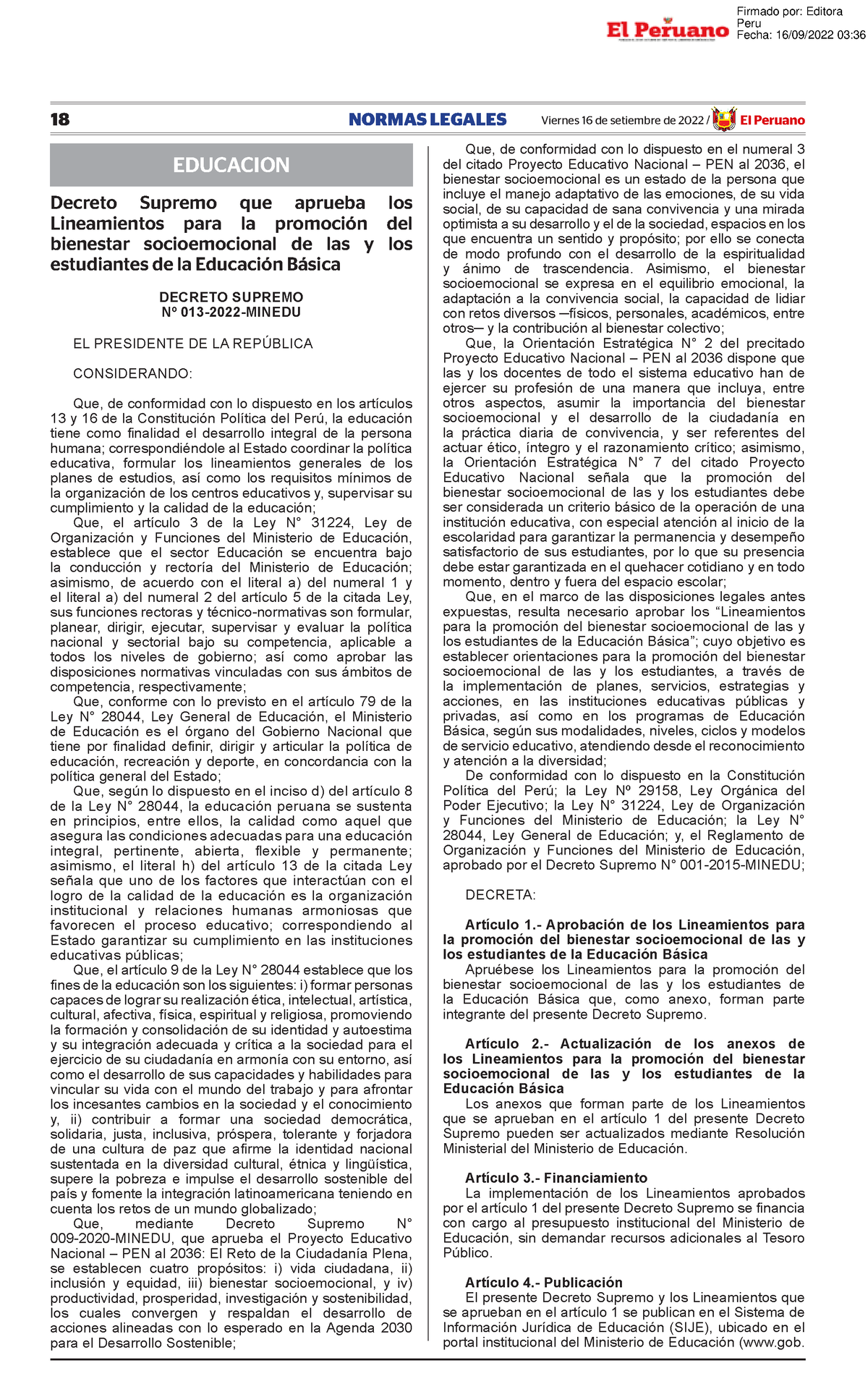 Decreto Supremo Que Aprueba Los Lineamientos Para La Promoci Decreto Supremo N 013 2022 Minedu 2309