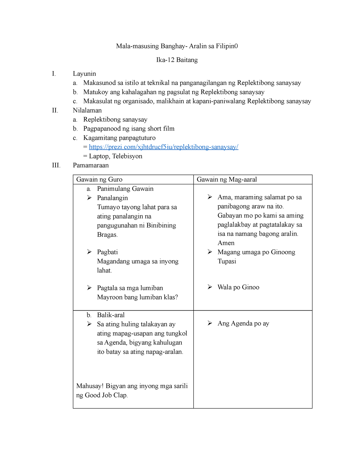 Lesson Plan Replektibong Sanaysay Mala Masusing Banghay Aralin Sa Filipin Ika 12 Baitang I 0503