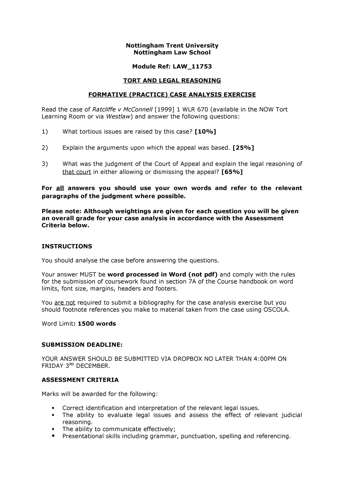 Tort Practice Case Analysis 2021-22 11753 - Nottingham Trent University ...