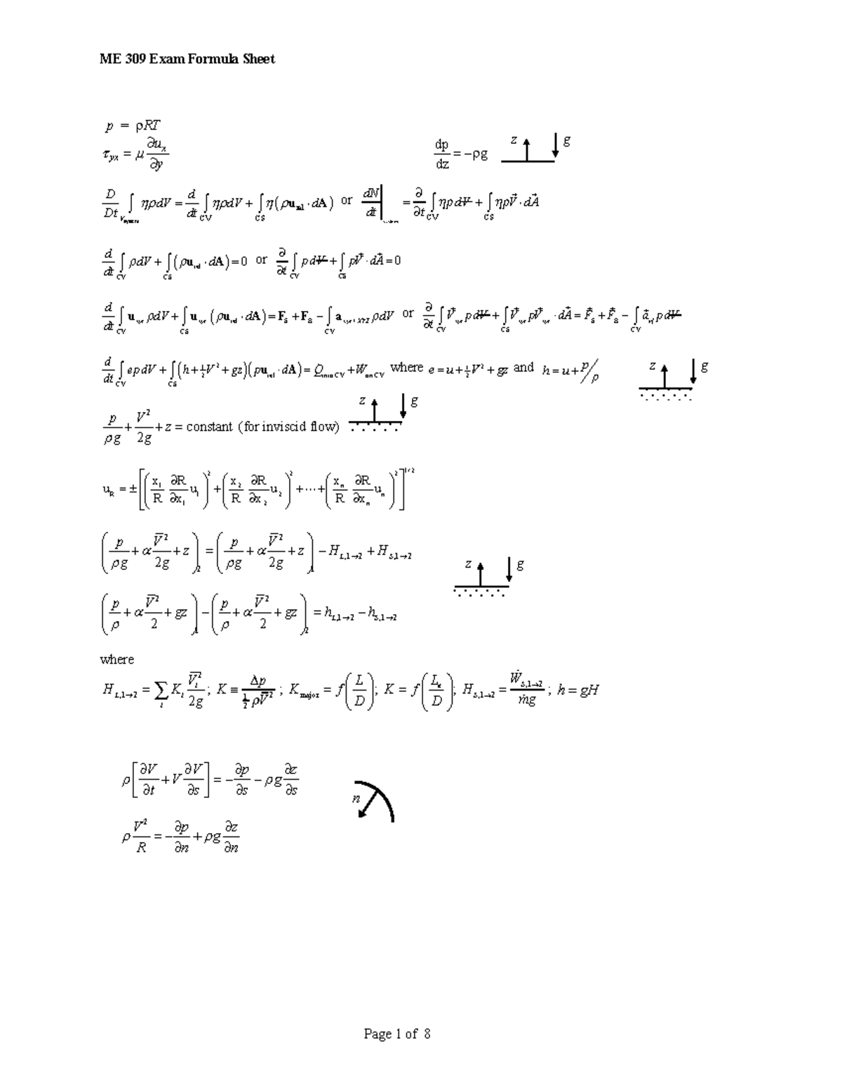 Me309 Exam Formula Sheet - ) Rectangular Coordinates (x, Y, Z 