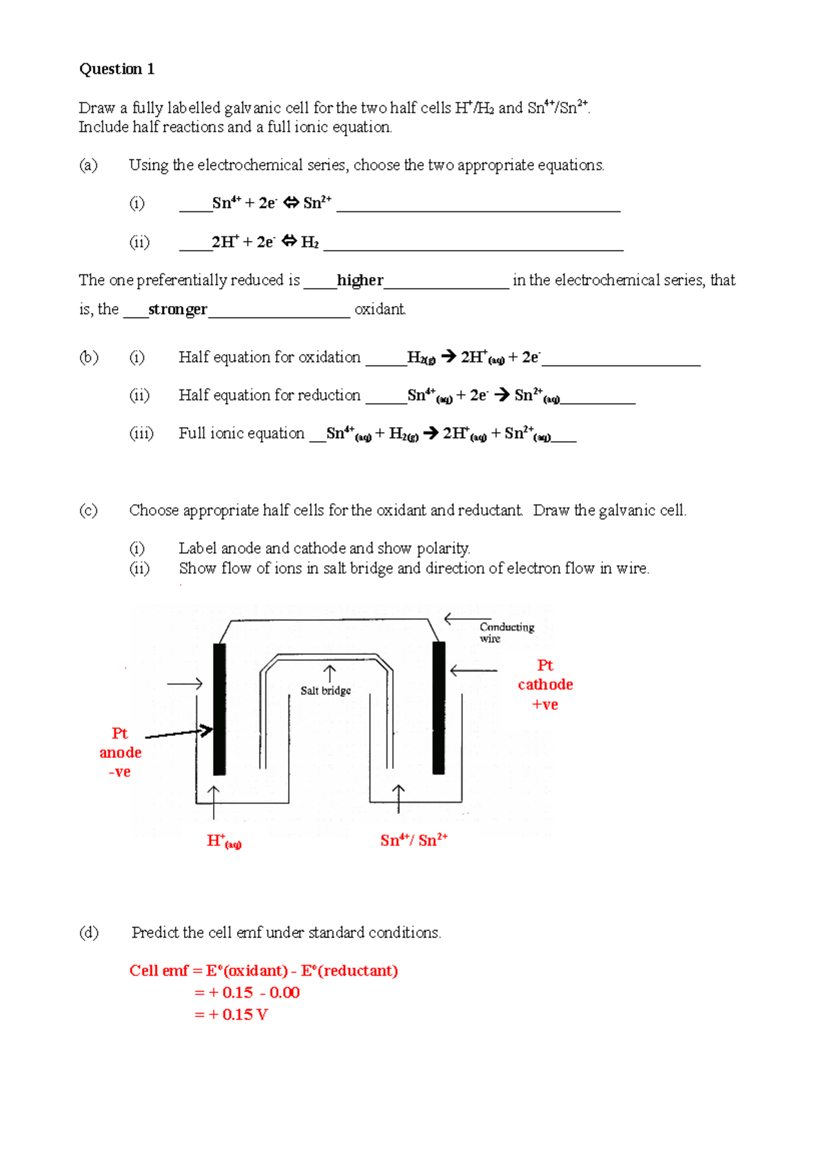 Electrochemical Cells Questions - Answers - Question 1 Draw a fully ...