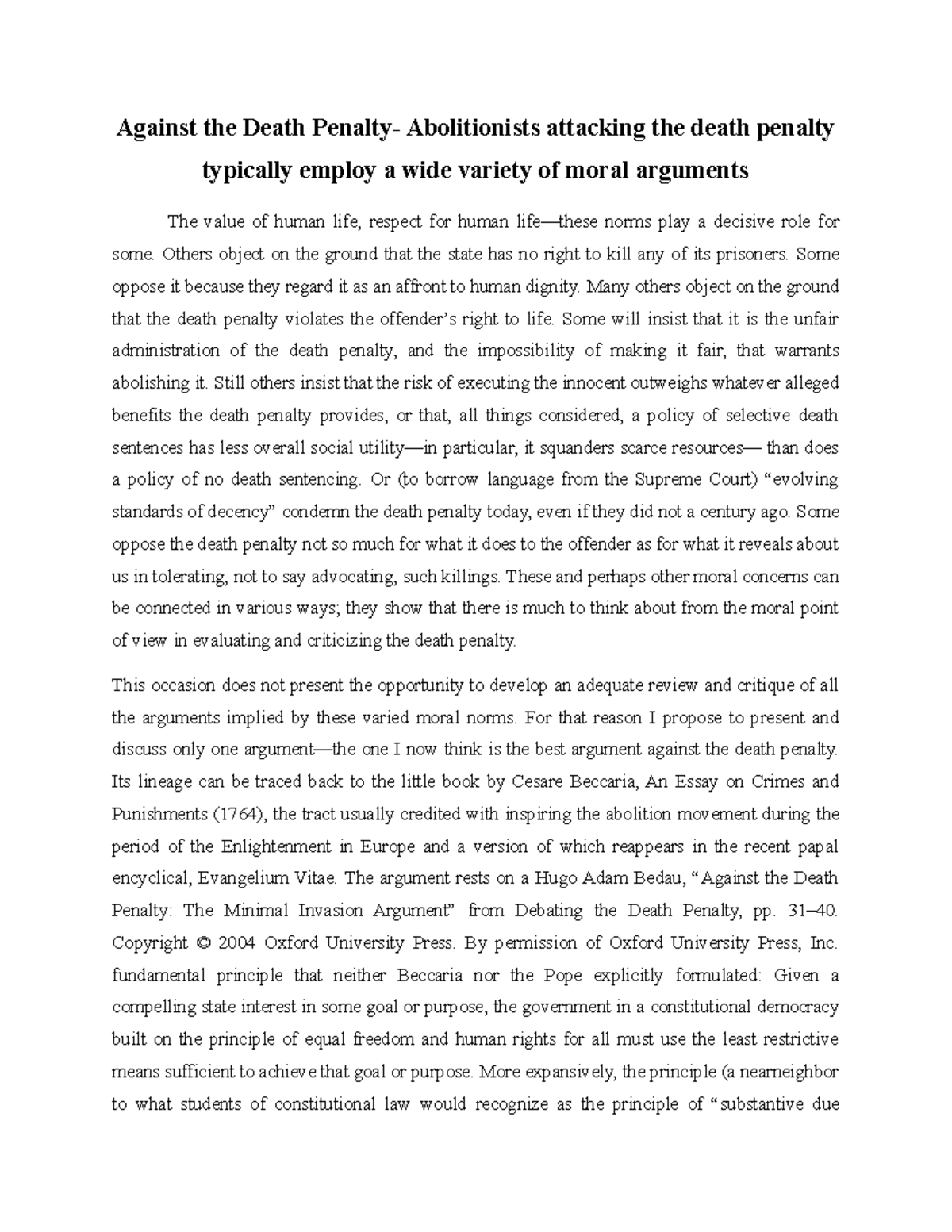 Against the Death PenaltyThe Minimal Invasion Argument Against the