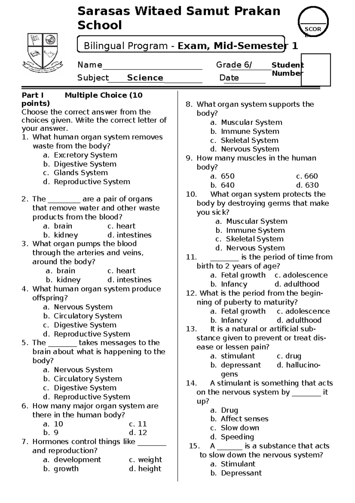 Exam science midterm sem 1 Sarasas Witaed Samut Prakan School