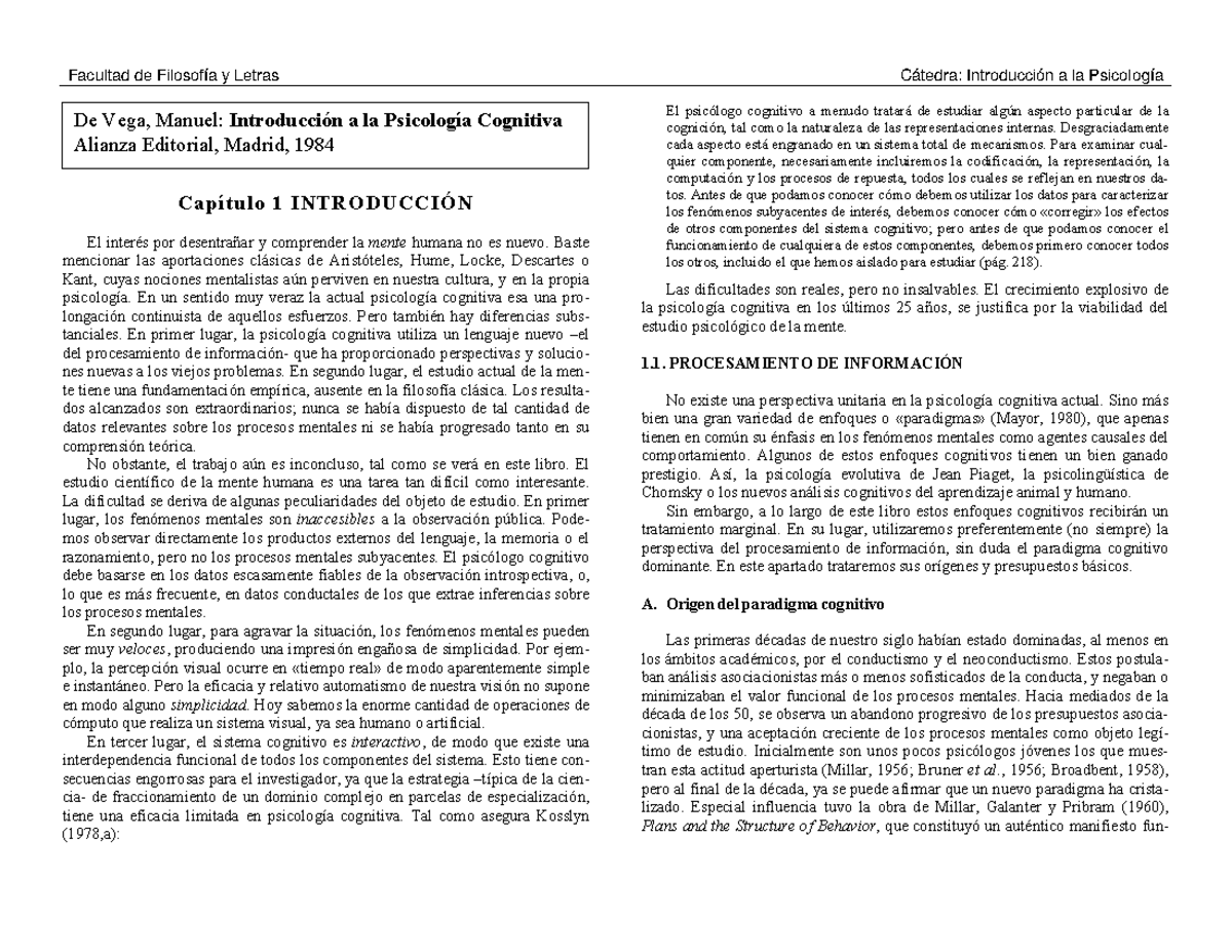 Manuel De Vega Psic Cognitiva - Facultad de Filosofía y Letras Cátedra ...