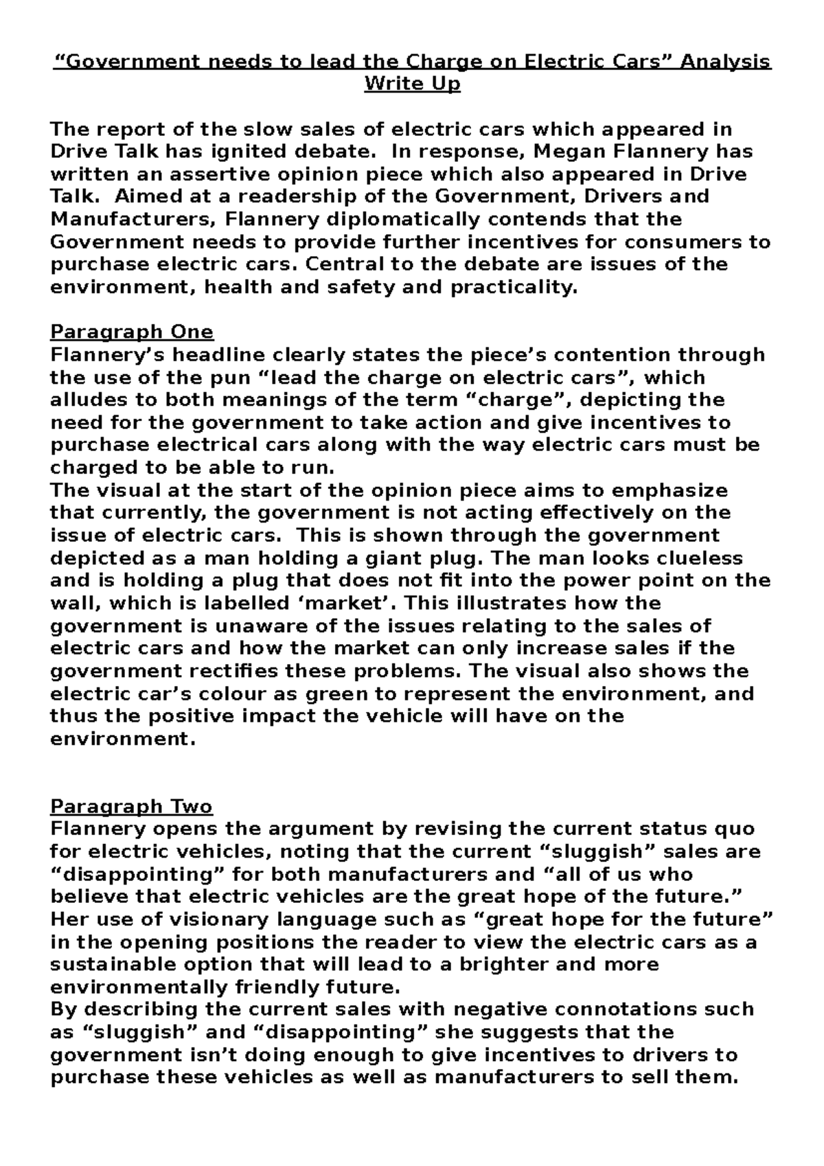 Language Analysis Electric Car Article “Government needs to lead the Charge on Electric Cars