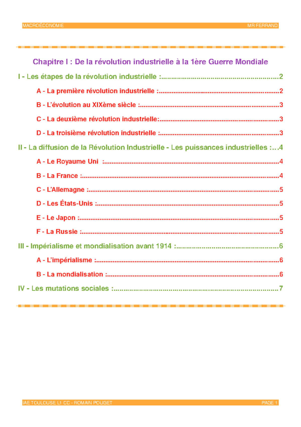 Chapitre I De La Revolution Industrielle A La Premiere Guerre Mondiale Studocu