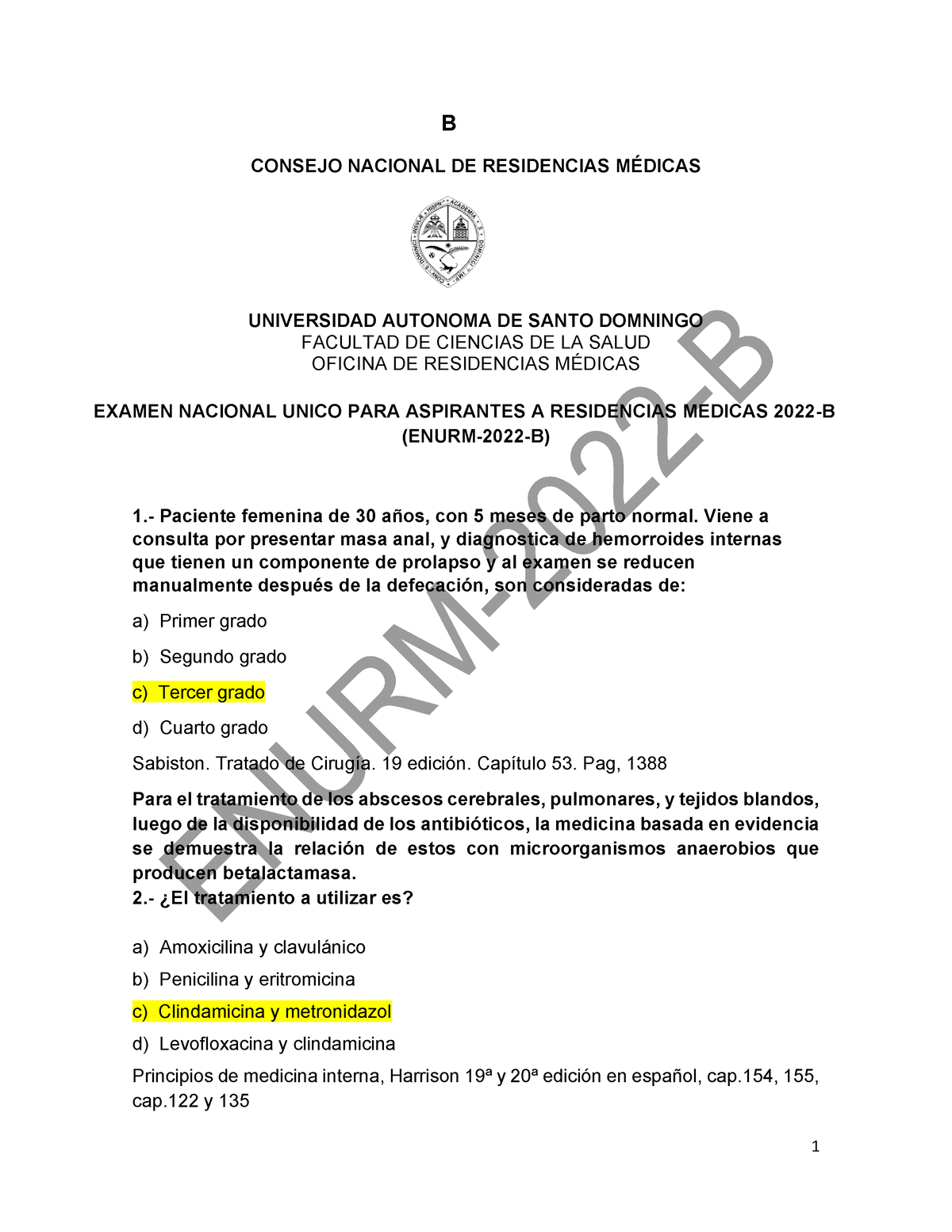 Enurm2022B, RESP Examen de residencias medicas 2022 B B CONSEJO