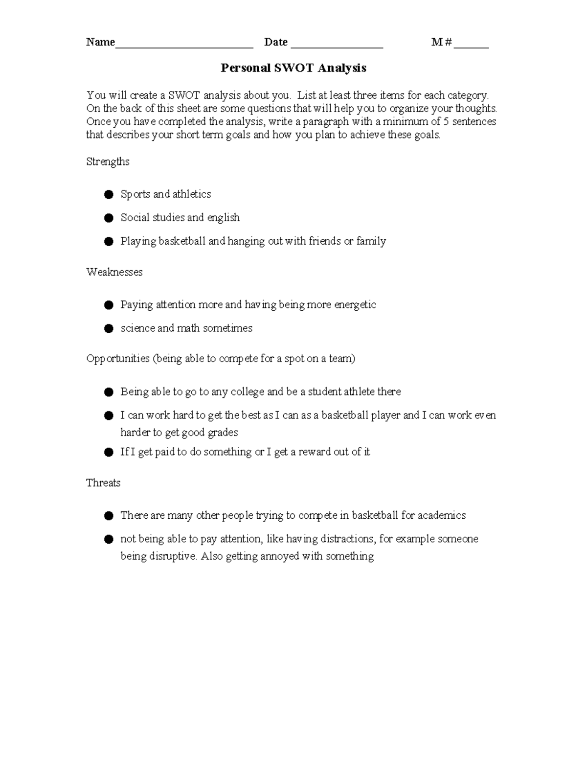 Personal Swot Analysis - Name________________________ Date ...