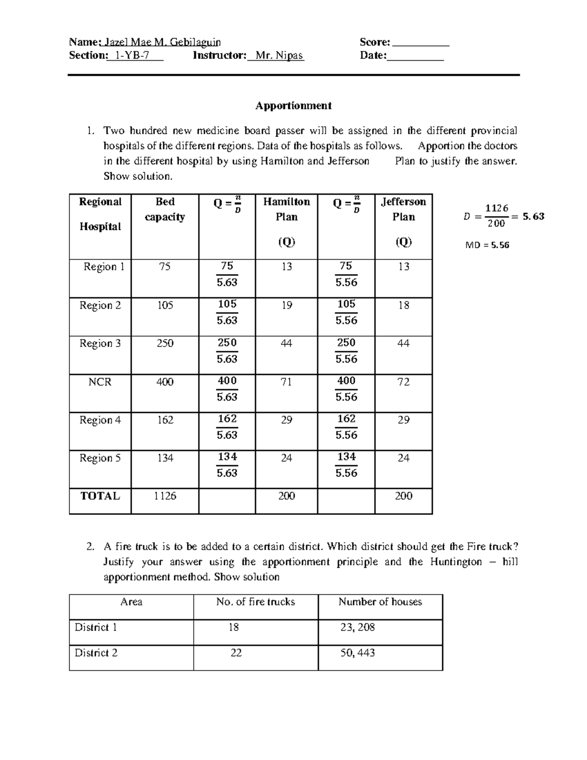 Assignment 9 Apportionment and Voting Gebilaguin - Name: Jazel Mae M ...