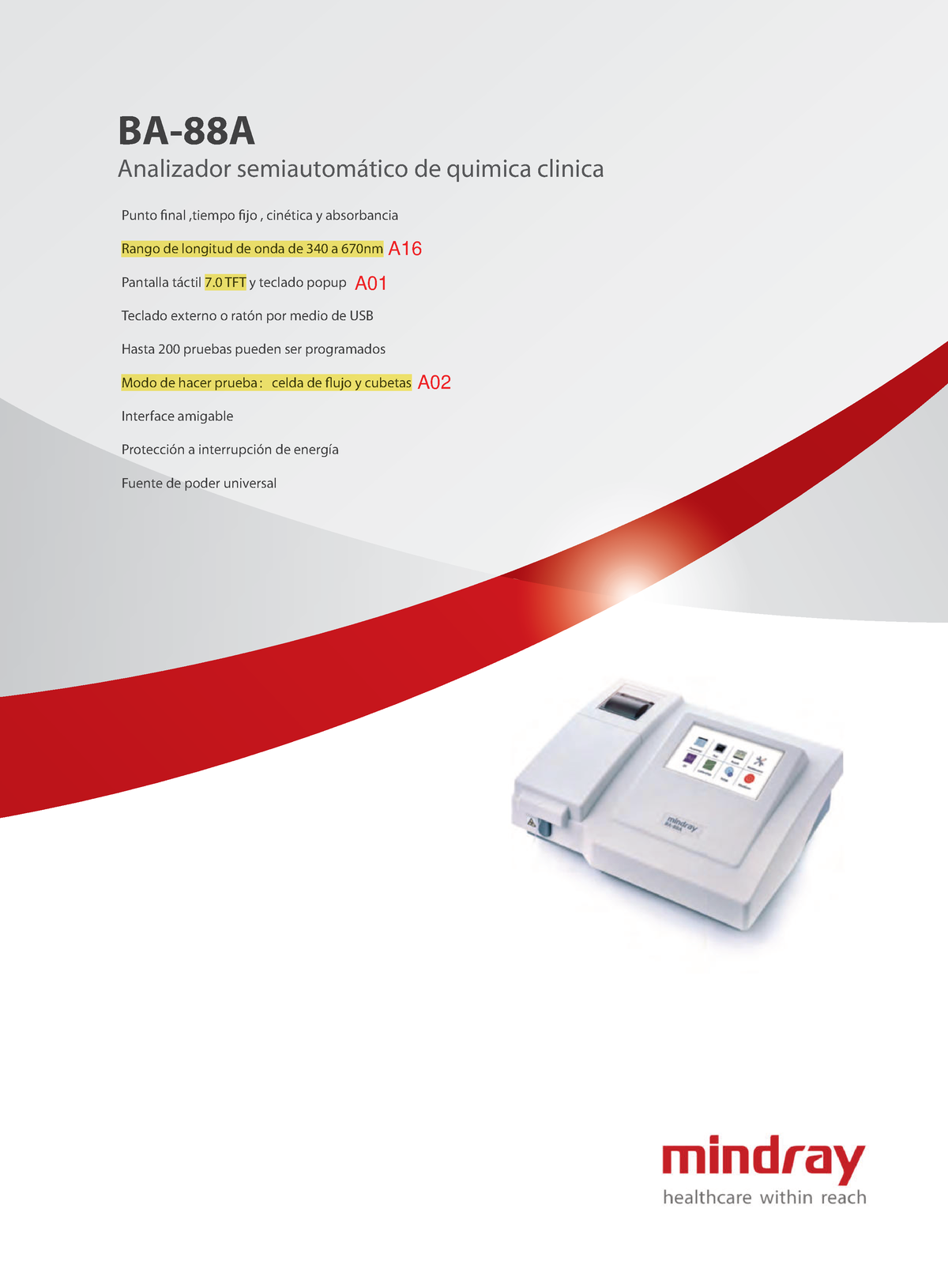 Catalogo Mindray BA 88A - Analizador Semiautomático De Quimica Clinica ...