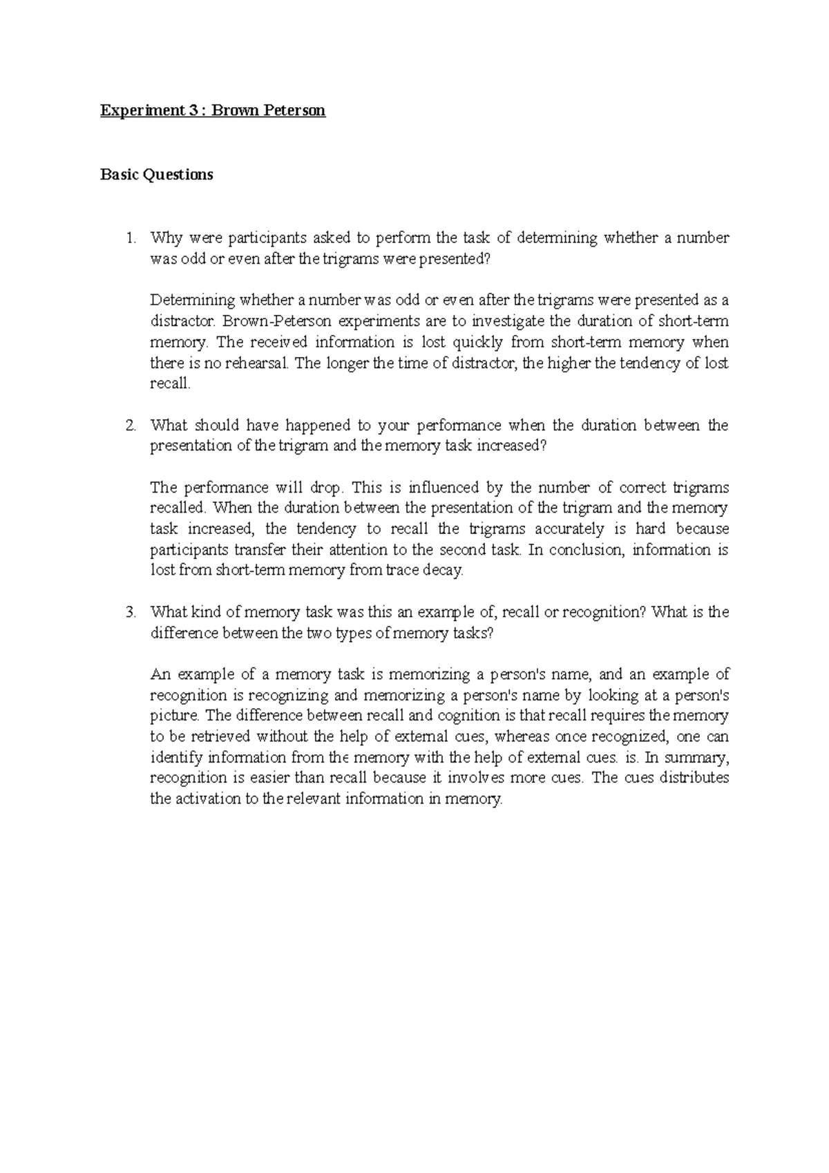 Brown Peterson Basic Questions Experiment 3 Brown Peterson Basic