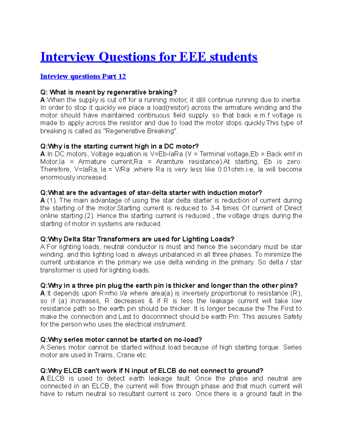Interview Questions for EEE students Interview Questions for EEE